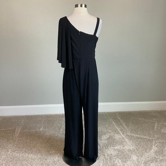 R&M Richards Women's Jumpsuit Size 10 Black Beaded One-Shoulder Wide Leg Pant - Picture 2 of 13